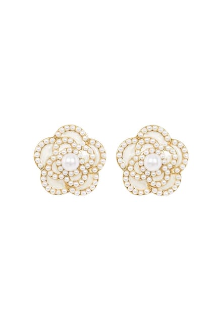 Margot Bardot Camelia Flower Pearl Studs White