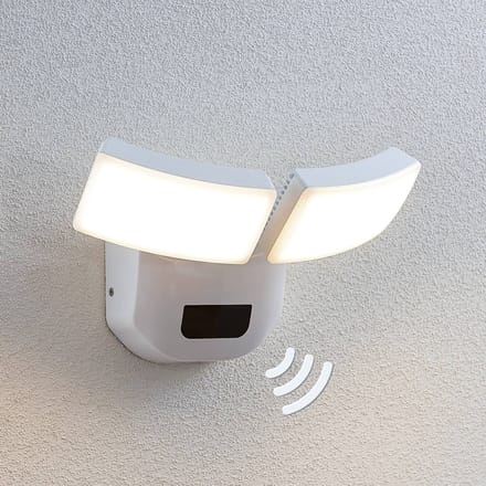 Lindby LED buiten wandlamp Nikias, 30 cm, sensor, 2-lamps, wit