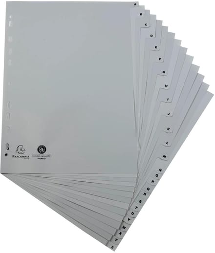 Exacompta 20x Tabbladen met bedrukte tabs in gerecycled PP - 26 tabs - A tot Z - A4 - Grijs - 1726E