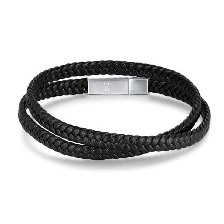 Twice As Nice Armband in edelstaal, dubbel zwart leer 21cm
