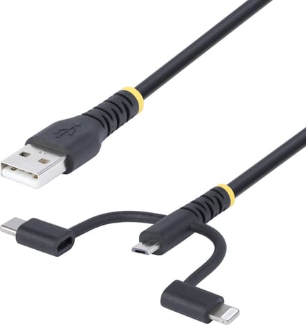 StarTech.com 1m Robuuste USB Multi Oplaadkabel, USB naar Lightning/Micro-USB/Type-C, Apple MFi Gecertificeerd, Aramide Mantel, Universele 3-in-1 USB Laadkabel voor iPhone/iPad/Android