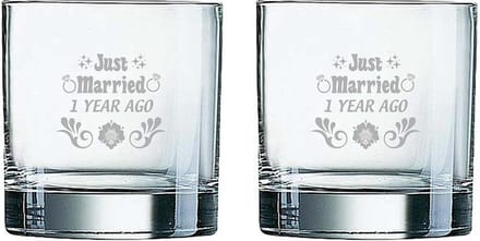 Gegraveerde set Whiskeyglazen 38cl Just Married 1 year ago