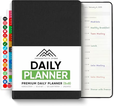 Dagelijkse Planner 2025 - Workflow Planner - Doelen Bereiken - Uurplanning & Takenlijst - A5 Formaat - Zwart