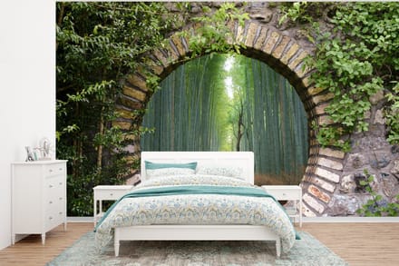 Behang - Fotobehang Bamboe - Bos - Japans - Doorkijk - Breedte 320 cm x hoogte 240 cm