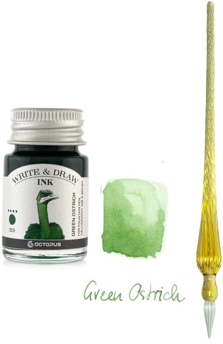 Glazen dip pen set Oranje - Potje Octopus inkt green ostrich