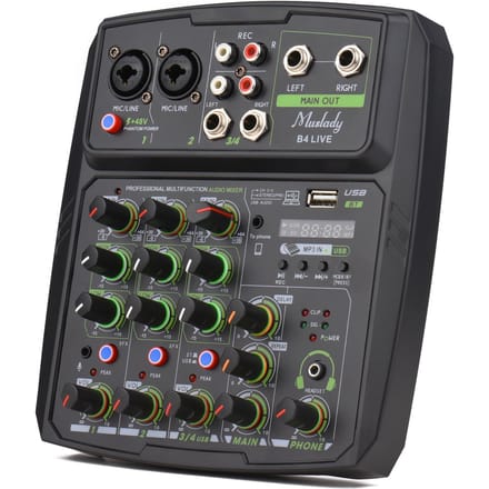 Muslady 4-kanaals audiomixer Mengpaneel LED-scherm Ingebouwde geluidskaart USB BT-verbinding met EU Plug gray