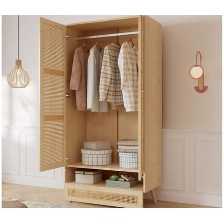 ModernLuxe Kledingkast met roede - 2 rotan gaasdeuren en 1 klepvak - Naturel