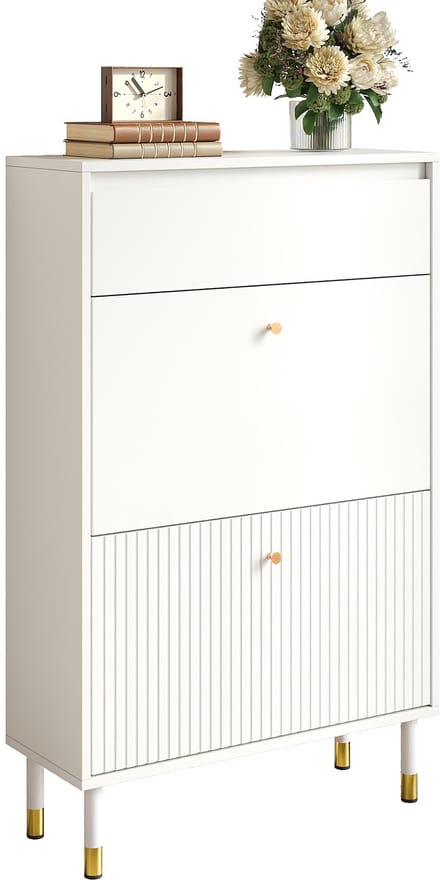 Clruro Schoenenkast - 65 x 24 x 104 cm - met klepvakken en reliëffront - PB + MDF - Wit