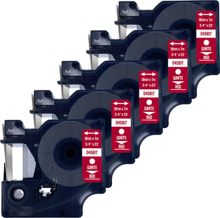 DULA Dymo D1 45817 Compatible label tape - 5 lettertapes - Wit op rood - 19mm x 7m