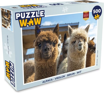Puzzel Alpaca - Vrolijk - Bruin - Wit - Legpuzzel - Puzzel 500 stukjes