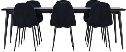 Ellis eethoek tafel 85x230cm en 6 teddy stoelen zwart.