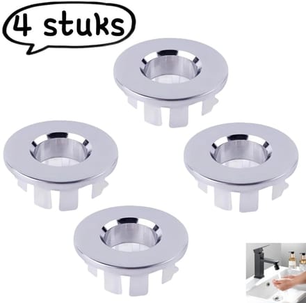 4-delige overloopafdekking - Afdekking voor overloopgat van wastafel/gootsteen - Overloopring voor wastafel - Decoratieve plastic overloopring - Koperen ring - Zilver