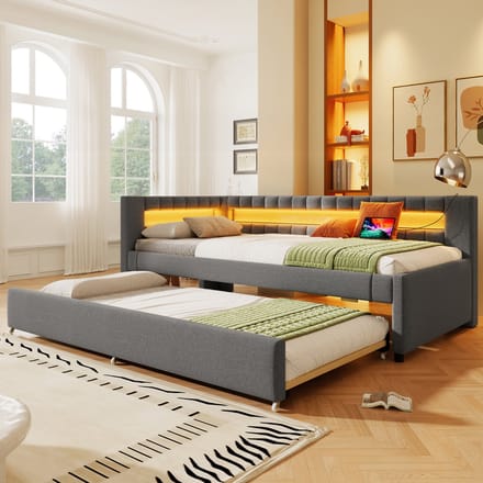 MODFU - Daybed – 90x200 cm – Met uitschuifbed & LED-lichtstrip – Grijs linnen