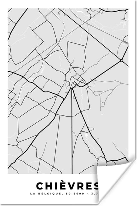 Poster Stadskaart – Zwart Wit - Kaart – Chièvres – België – Plattegrond - 20x30 cm