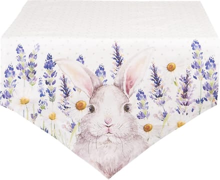 Clayre & Eef Tafelloper 50x160 cm Wit Roze Katoen Lavendel Konijn Tafelkleed