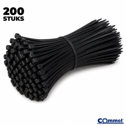 200x Commel Kabelbinders - 100 x 2.5 mm - Zwart - Nylon - Treksterkte 8kg