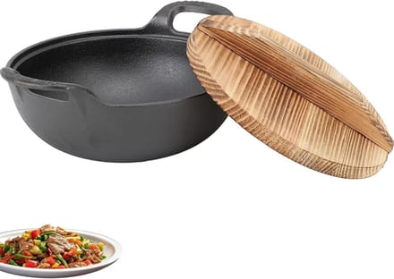Gietijzeren Wok met Deksel – 20 cm – Platte Bodem – Non-stick & Voorverwarmd