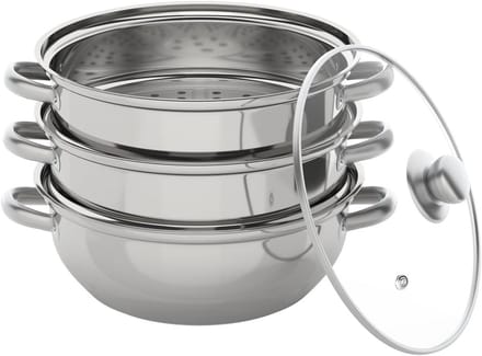 Stoompan Set RVS 28 cm – Stapelbaar – Geschikt voor Alle Warmtebronnen Incl. 3 Delen