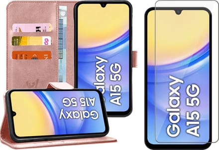 Hoesje geschikt voor Samsung Galaxy A15 - Screenprotector Glas - Portemonnee Book Case Rosegoud