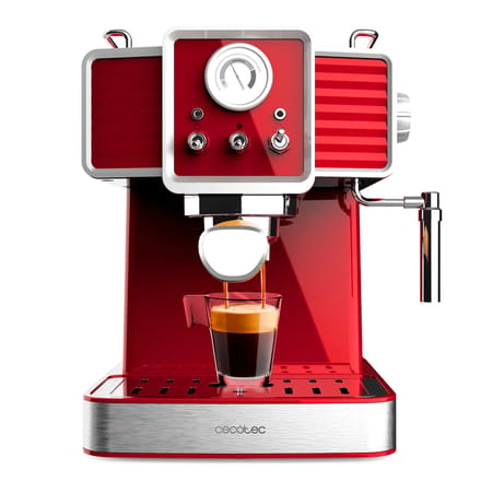 Cecotec Express-Kaffeemaschine Power Espresso 20 Tradizionale Light Red, 1350 W, Espresso und Cappuccino, 20 Bar und Thermoblock, Dampfdüse, Manometer, Vintage-Design, 1,5 Liter Kapazität