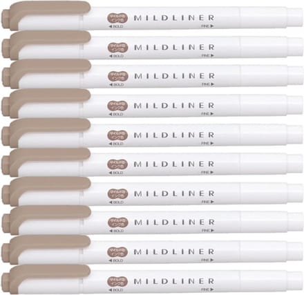 Zebra Mildliner Double-Sided Highlighter - Fine / Bold – Mild Brown Set van 10 + een Luxe Zipperbag - WKT7-MAP