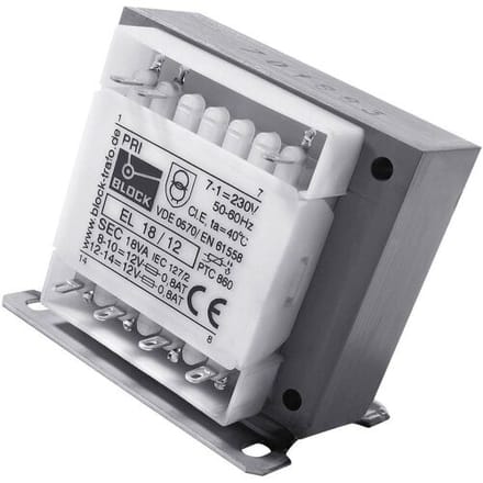 BLOCK EL 18/9 Stuurtransformator, Scheidingstransformator, Veiligheidstransformator 1 x 230 V/AC 2 x 9 V/AC 18 VA 1 A