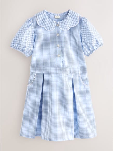 Next - Meisjes - Katoenrijke, gegolfde kraag, ruitjesjurk voor school - Blauw