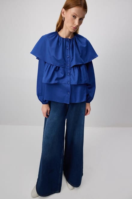 Touché Privé - Crop-overhemd met ruches - Indigo - Dames