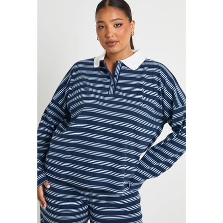 boohoo Dames Plus gestreepte top met kraag en knoopsluiting | Navy | Maat: 16
