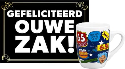 Grappige verjaardagsmok/beker 65 jaar man met grappige tekst 300 ml + wenskaart Gefeliciteerd ouwe zak