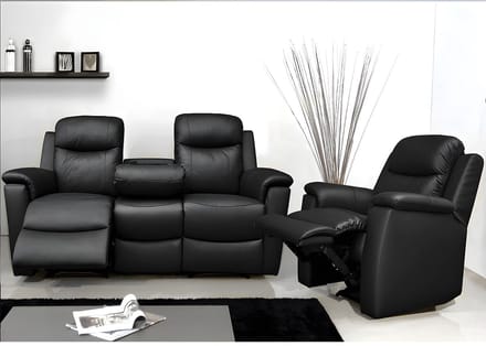 Vente-unique Driezits relaxbank en relaxfauteuil EVASION van leer - zwart