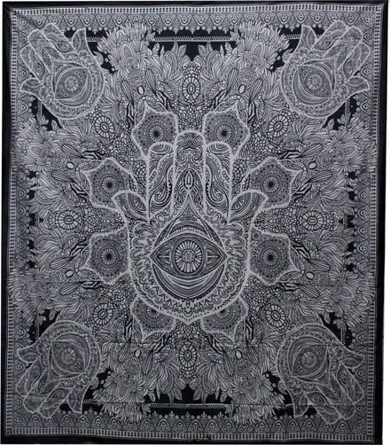 Zwart-wit katoenen sprei + wandkleed - Hamsa