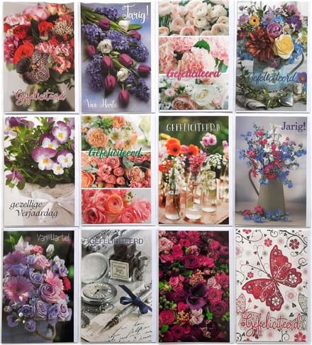 Verjaardag Wenskaarten - 12 Stuks - Bloemen - Gefeliciteerd - L-184