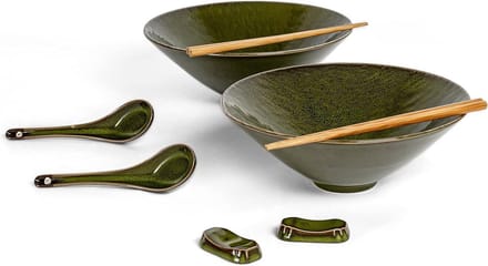Japanese Ceramic Windows Bowl Set - 2 Pieces - 1100 ml - Pasta Soup Salad Bowls - Spoon Chopsticks Green
