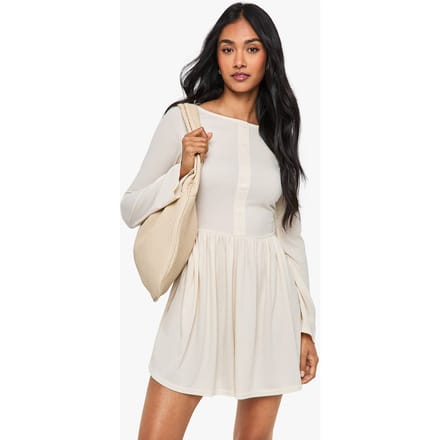 boohoo Dames Rib Drop Hem Button Down Mini Jurk | Cream | Maat: 12