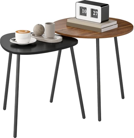 Set van 2 nest salontafels - eigentijds - rond en driehoekig - walnoot & zwart