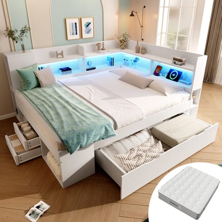 MODFU - Bedframe – 140x200 cm – Dagbedstijl – Met LED, USB & matras – Wit hout
