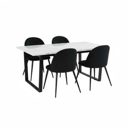 Tilst eethoek eettafel wit marmerprint 90x160 4 stoelen velours zwart.