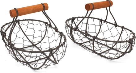 Ovale eiermanden van kippengaas met houten handvat - Set van 2 in vintage stijl