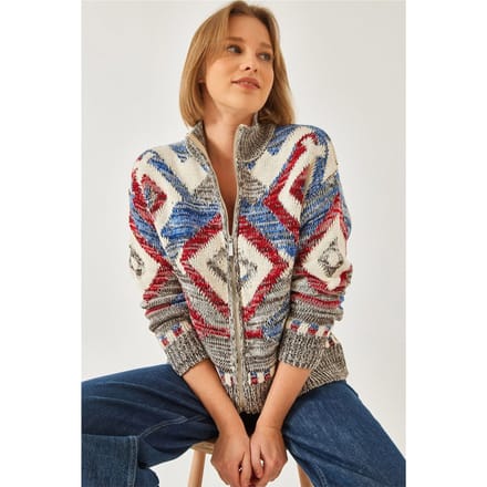 Geometrisch Patroon Ritskraag Cardigan
