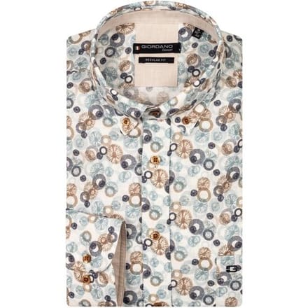 Giordano Overhemd Ivy Linnen Look Abstract Circles Pattern Pastel Blue-Multi / male