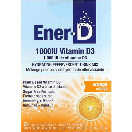 Ener-C, Ener-D, Vitamine D3, Boisson Effervescente Hydratante, Sans Sucre, Orange, 1 000 mg, Pack de 24