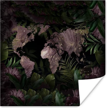 Poster Wereldkaart - Paars - Goud - 30x30 cm