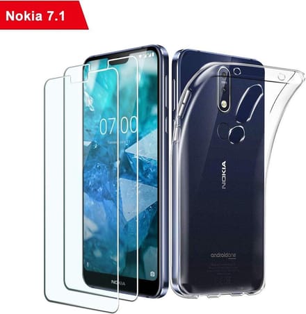 Screenprotector Geschikt voor: Nokia 7.1 Hoesje Transparant TPU Siliconen Soft Case + 2X Tempered Glass