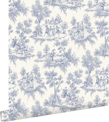 ESTAhome behang toile de jouy print blauw - 50 x 900 cm - 132096