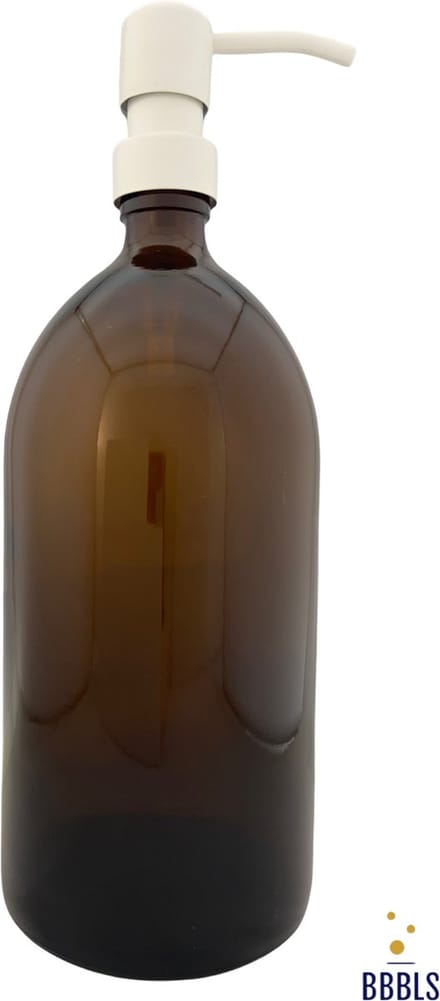 BBBLS® Design Dispenser "Blanco" | Bruin Glas | 1 liter | RVS / Metaal Pomp Wit | Zeeppomp | Zeepdispenser | Zeephouder