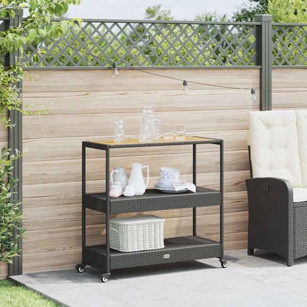 vidaXL - Bartrolley - 3-laags - poly - rattan - en - massief - acaciahout - zwart
