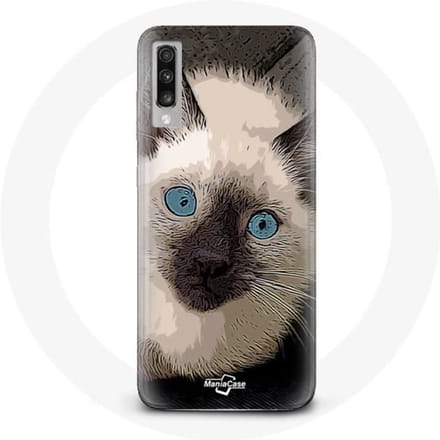 Coque pour Samsung Galaxy A70 Chat Siamois Noir et blanc aux Yeux Bleus