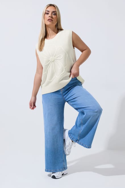 Limited Collection Witte Geborduurde Bloemen Gebreide Top Size 46-48
