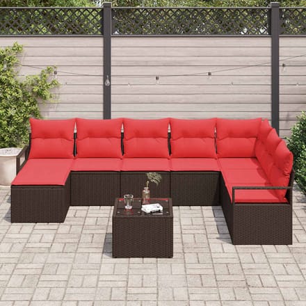 vidaXL - Bankstel - 9 - st - Bruin - en - Rood - poly - rattan